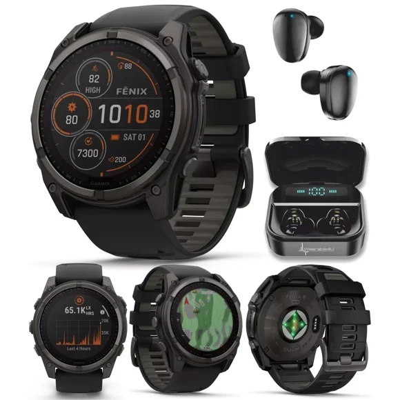 Garmin Fenix 8 - 51 mm, Solar, Sapphire, Carbon Gray DLC Titanium with Black/Pebble Gray Silicone Band GPS Smartwatch with Black Earbuds