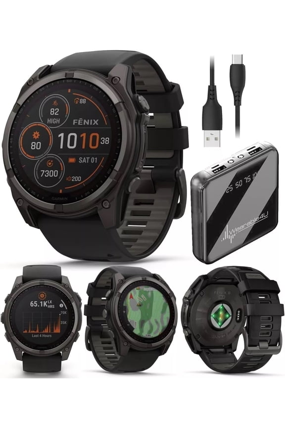 Garmin Fenix 8 - 51 mm, Solar, Sapphire, Carbon Gray DLC Titanium with Black/Pebble Gray Silicone Band GPS Smartwatch with Power Bank