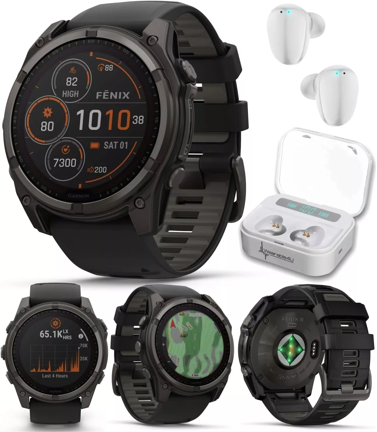 Garmin Fenix 8 - 51 mm, Solar, Sapphire, Carbon Gray DLC Titanium with Black/Pebble Gray Silicone Band GPS Smartwatch with White Earbuds