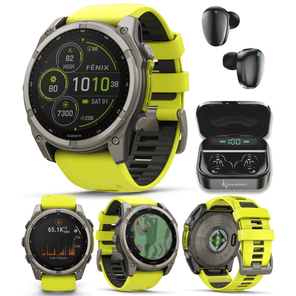 Garmin fenix 8 - 51 mm, Solar, Sapphire Amp Yellow/Graphite Silicone GPS AMOLED Smartwatch with Wearable4U Black EarBuds Bundle