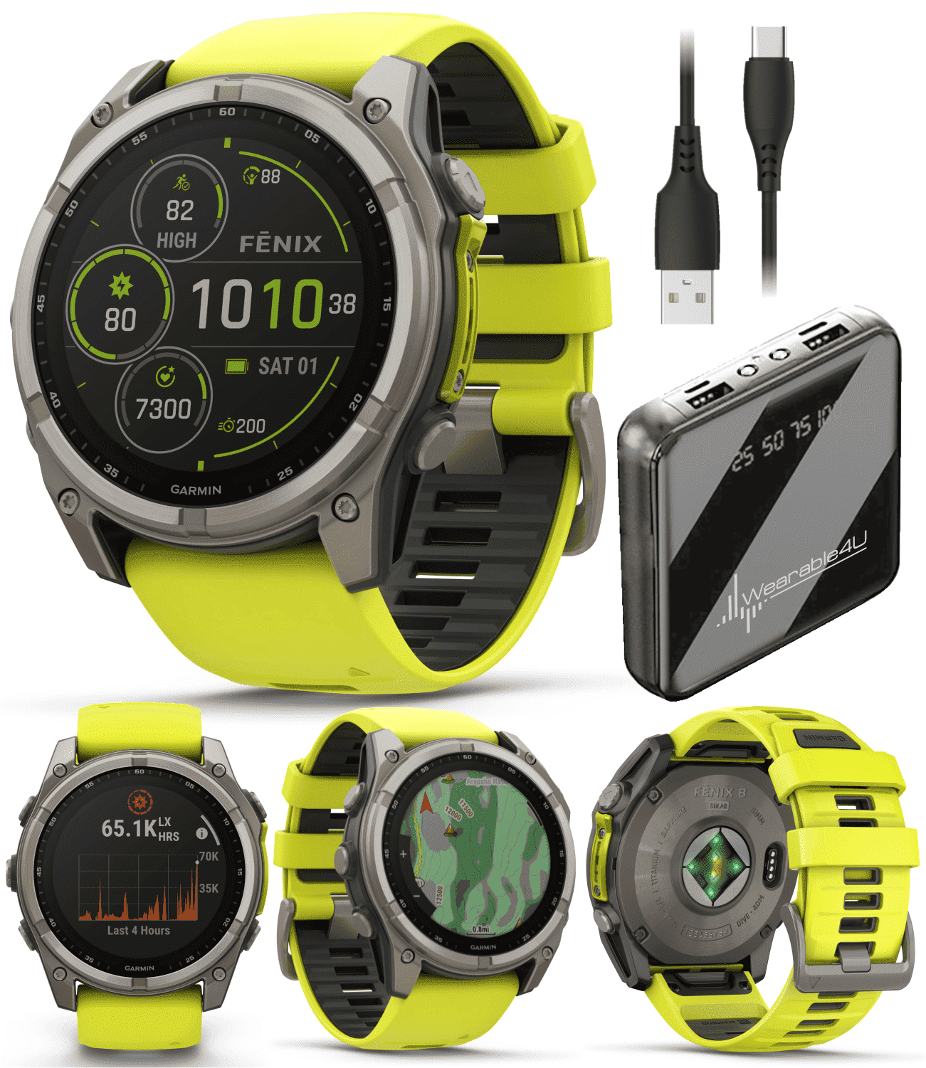 Garmin Fenix 8 - 51 mm, Solar, Sapphire, Titanium with Amp Yellow/Graphite Silicone Band GPS Smartwatch with Power Bank