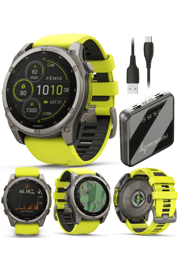 Garmin Fenix 8 - 51 mm, Solar, Sapphire, Titanium with Amp Yellow/Graphite Silicone Band GPS Smartwatch with Power Bank