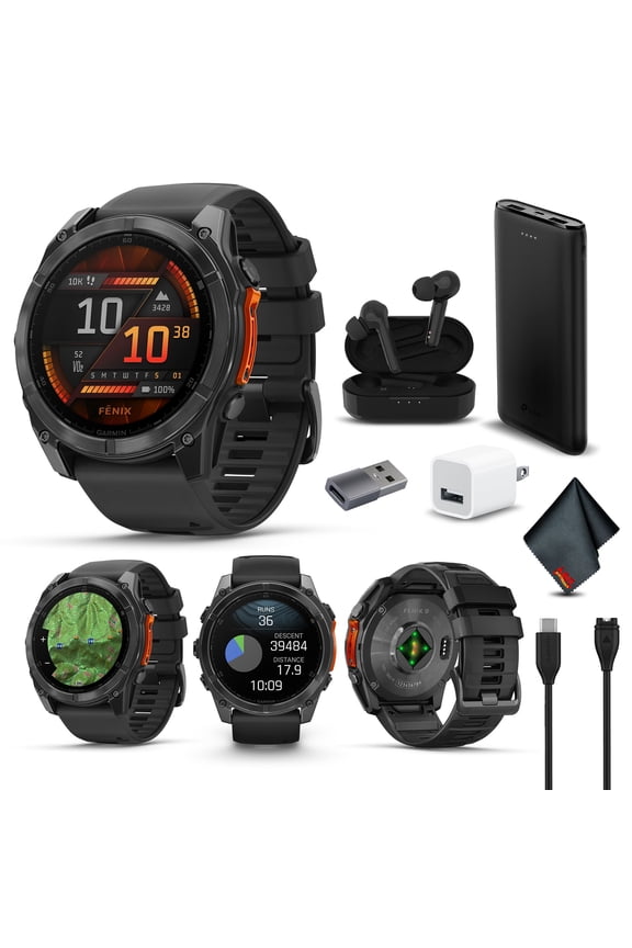 Fenix 8 51MM AMOLED Multisport GPS Smartwatch Slate Gray with Black Silicone Band, Built-in LED Flashlight, Fitness & Health Smart Watch Bundle for Men & Women