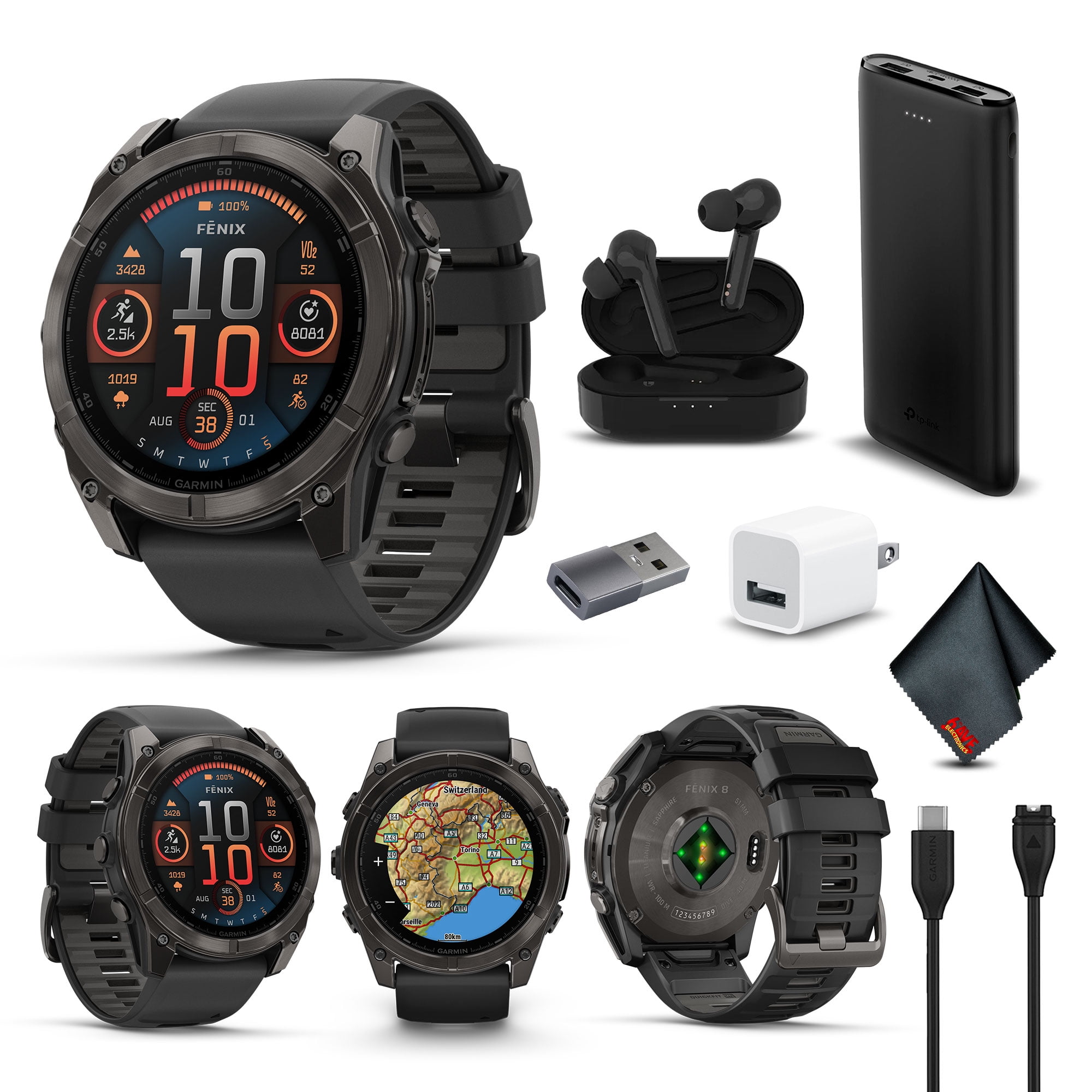Garmin Fenix 8 51MM AMOLED Sapphire Multisport GPS Smartwatch Carbon Gray DLC Titanium with Black Gray Silicone Band, Built-in LED Flashlight, Fitness & Health Smart Watch Bundle for Men & Women