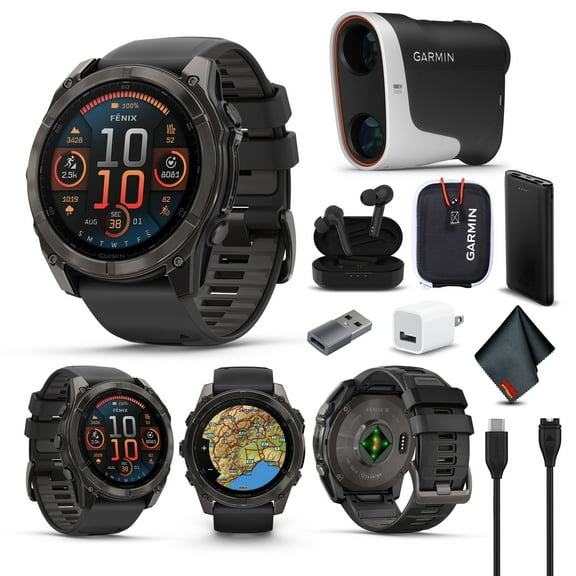 Garmin Fenix 8 51MM AMOLED Sapphire Multisport GPS Smartwatch Carbon Gray DLC Titanium with Black Gray Silicone Band, Health & Fitness Smart Watch Bundle With Approach Z30 Golf Laser Range Finder