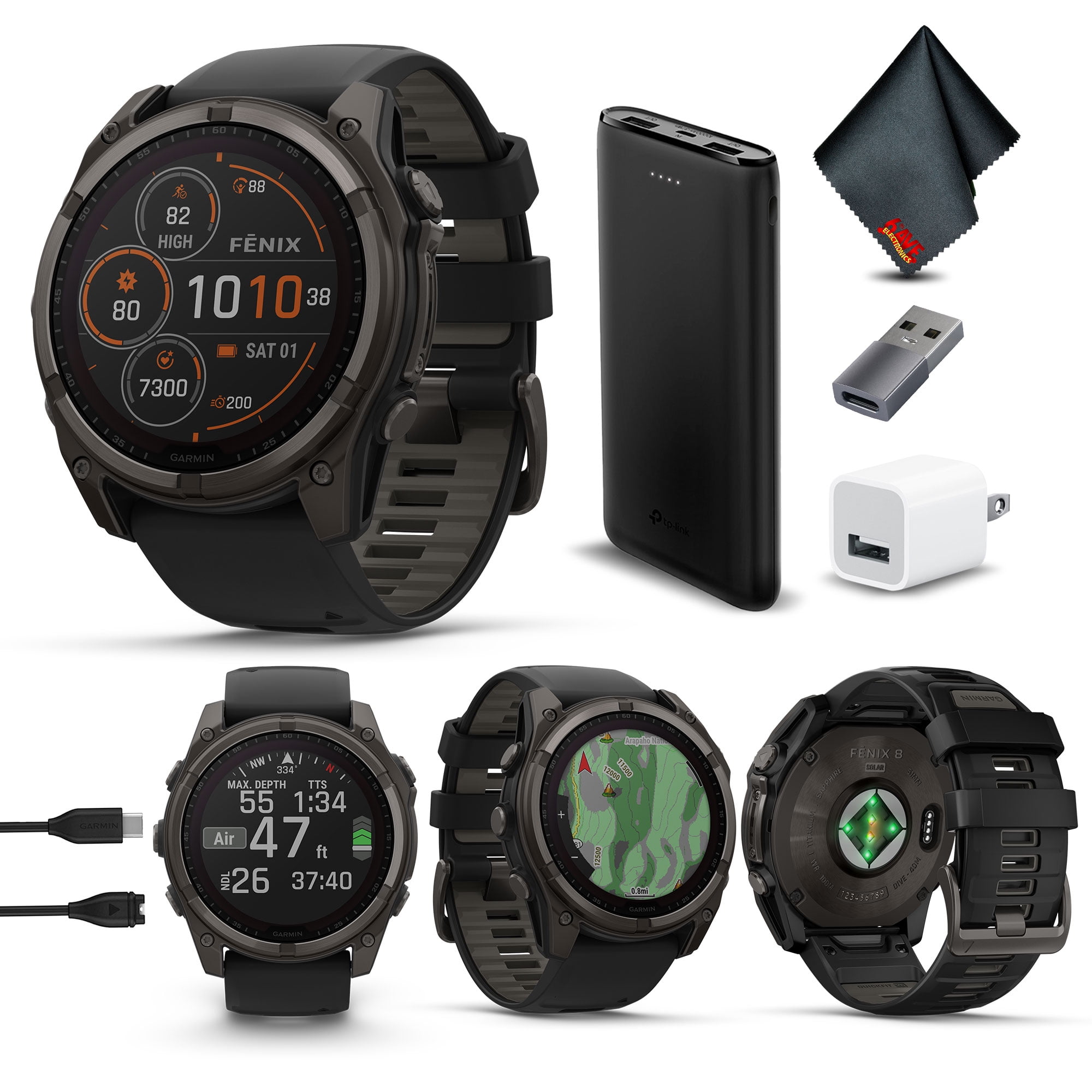 Garmin Fenix 8 51MM Solar Sapphire Multisport GPS Smartwatch Carbon Gray DLC Titanium with Black Gray Silicone Band, Built-in LED Flashlight, Health & Fitness Smart Watch Bundle for Men & Women