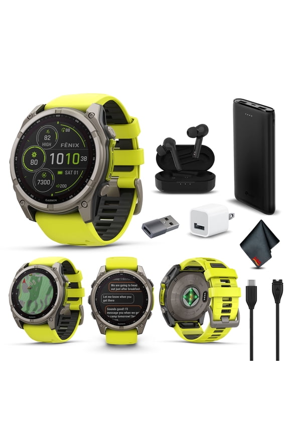 Fenix 8 51MM Solar Sapphire Multisport GPS Smartwatch Titanium with Amp Yellow Silicone Band, 48 Days Battery Life, Built-in LED flashlight, Fitness & Health Smart Watch Bundle for Men & Women