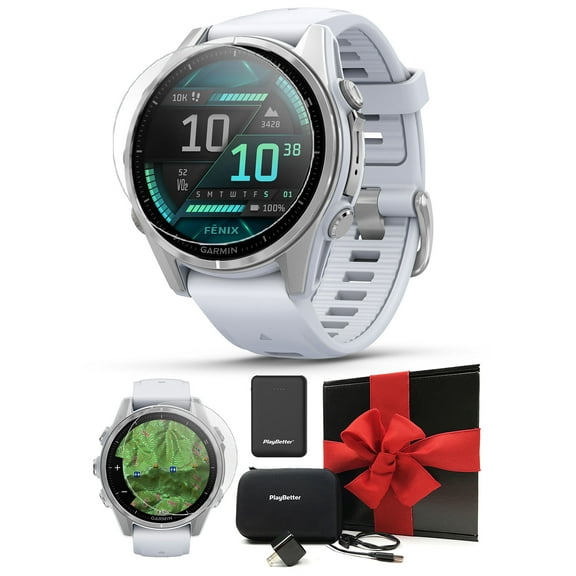 Garmin Fenix 8 AMOLED (43mm, Silver/Whitestone) Multisport GPS Smartwatch Gift Box Bundle - 1.3" Touchscreen, Built-in LED Flashlight with PlayBetter Charger, Screens, Adapter, Case