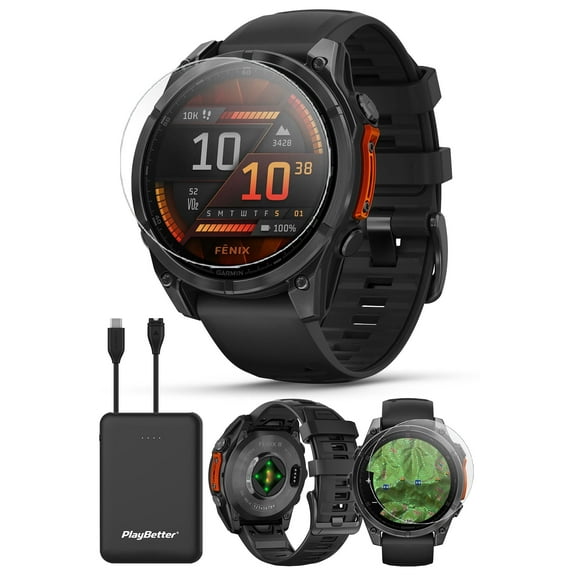 Garmin Fenix 8 AMOLED (47mm, Slate Gray/Black) Multisport GPS Smartwatch Bundle - 1.4” Touchscreen, Built-in LED Flashlight with PlayBetter Portable Charger & Screen Protectors