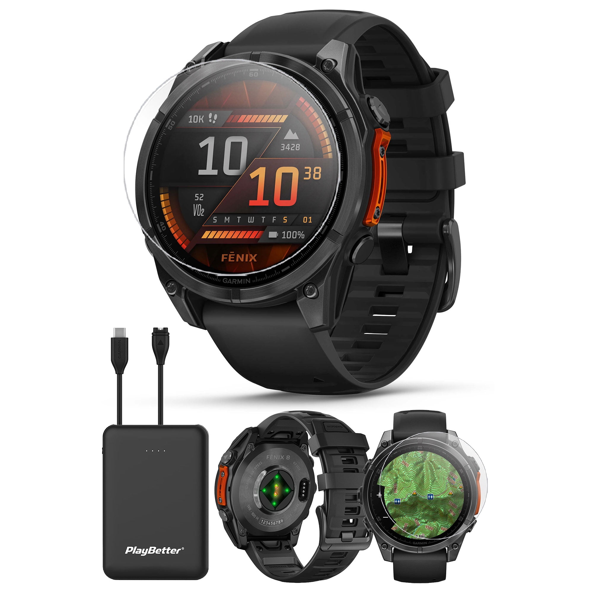 Garmin Fenix 8 Solar Sapphire 47mm Carbon Gray DLC Titanium Multisport GPS Smartwatch Bundle 1.4 Touchscreen Built in LED Flashlight with