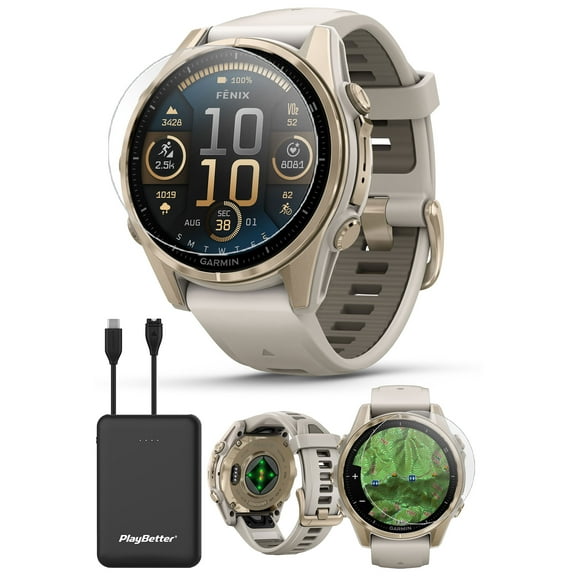 Garmin Fenix 8 AMOLED Sapphire (43mm, Soft Gold/Dark Sandstone) Multisport GPS Smartwatch Bundle - 1.3” Touchscreen, Built-in LED Flashlight with PlayBetter Portable Charger & Screen Protectors