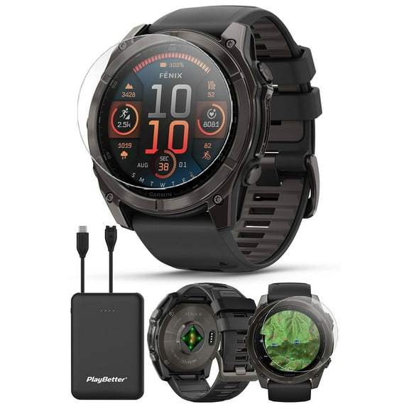 Garmin Fenix 8 AMOLED Sapphire (51mm, Carbon Gray DLC Titanium) Multisport GPS Smartwatch Bundle - 1.4” Touchscreen, Built-in LED Flashlight with PlayBetter Charger & Screen Protectors