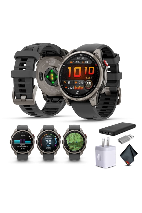 Fenix 8 Pro 47mm, AMOLED Display, inReach Technology, Premium Connected Multisport GPS Smartwatch, Sapphire, Titanium with Graphite/Black Silicone Band Bundle with Accessories