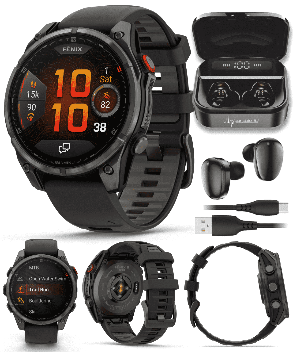Garmin Fenix 8 Pro 47mm AMOLED Sapphire Premium Connected Multisport GPS Smartwatch, inReach, Carbon Gray DLC Titanium & Black/Pebble Gray Silicone Band w/ Wearable4U Black Earbuds Bundle