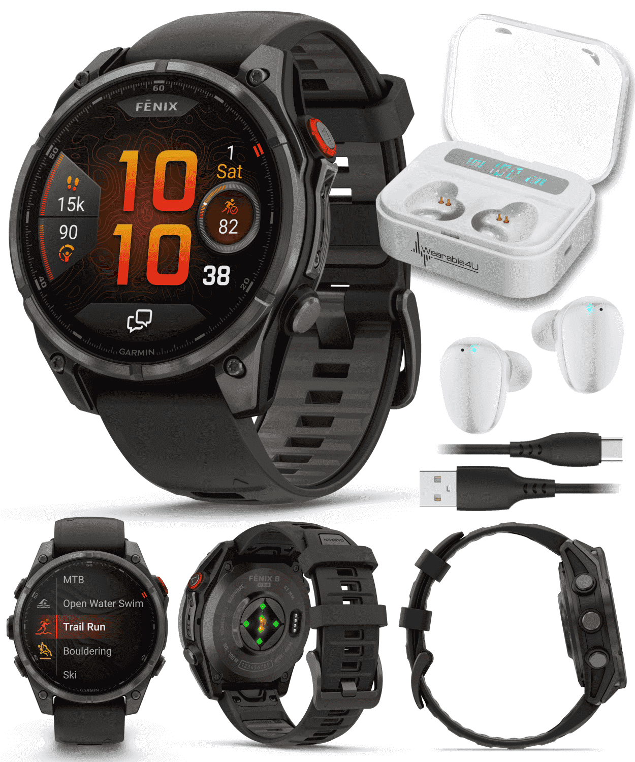 Garmin Fenix 8 Pro 47mm AMOLED Sapphire Premium Connected Multisport GPS Smartwatch, inReach, Carbon Gray DLC Titanium & Black/Pebble Gray Silicone Band w/ Wearable4U White Earbuds Bundle