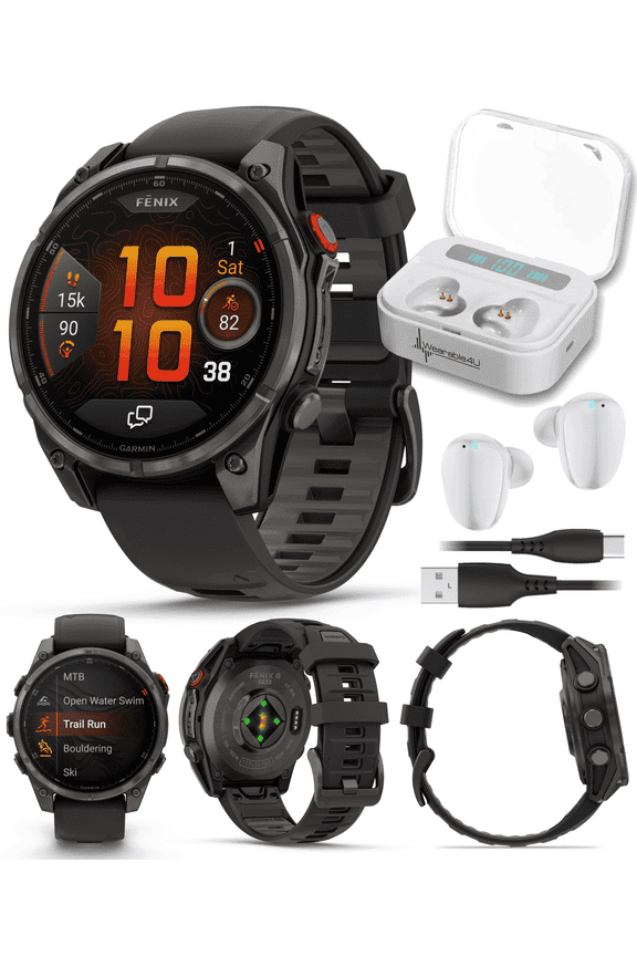 Garmin Fenix 8 Pro 47mm AMOLED Sapphire Premium Connected Multisport GPS Smartwatch, inReach, Carbon Gray DLC Titanium & Black/Pebble Gray Silicone Band w/ Wearable4U White Earbuds Bundle