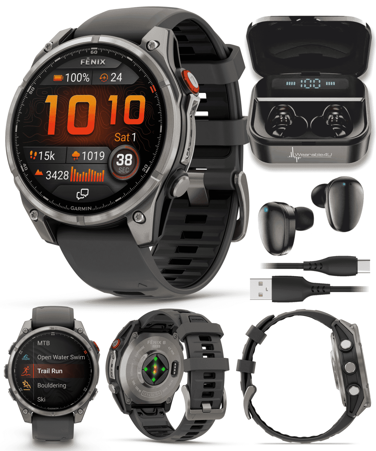 Garmin Fenix 8 Pro - 47mm AMOLED Sapphire Premium Connected Multisport GPS Smartwatch, inReach, Titanium & Graphite/Black Silicone Band w/ Wearable4U Black Earbuds Bundle