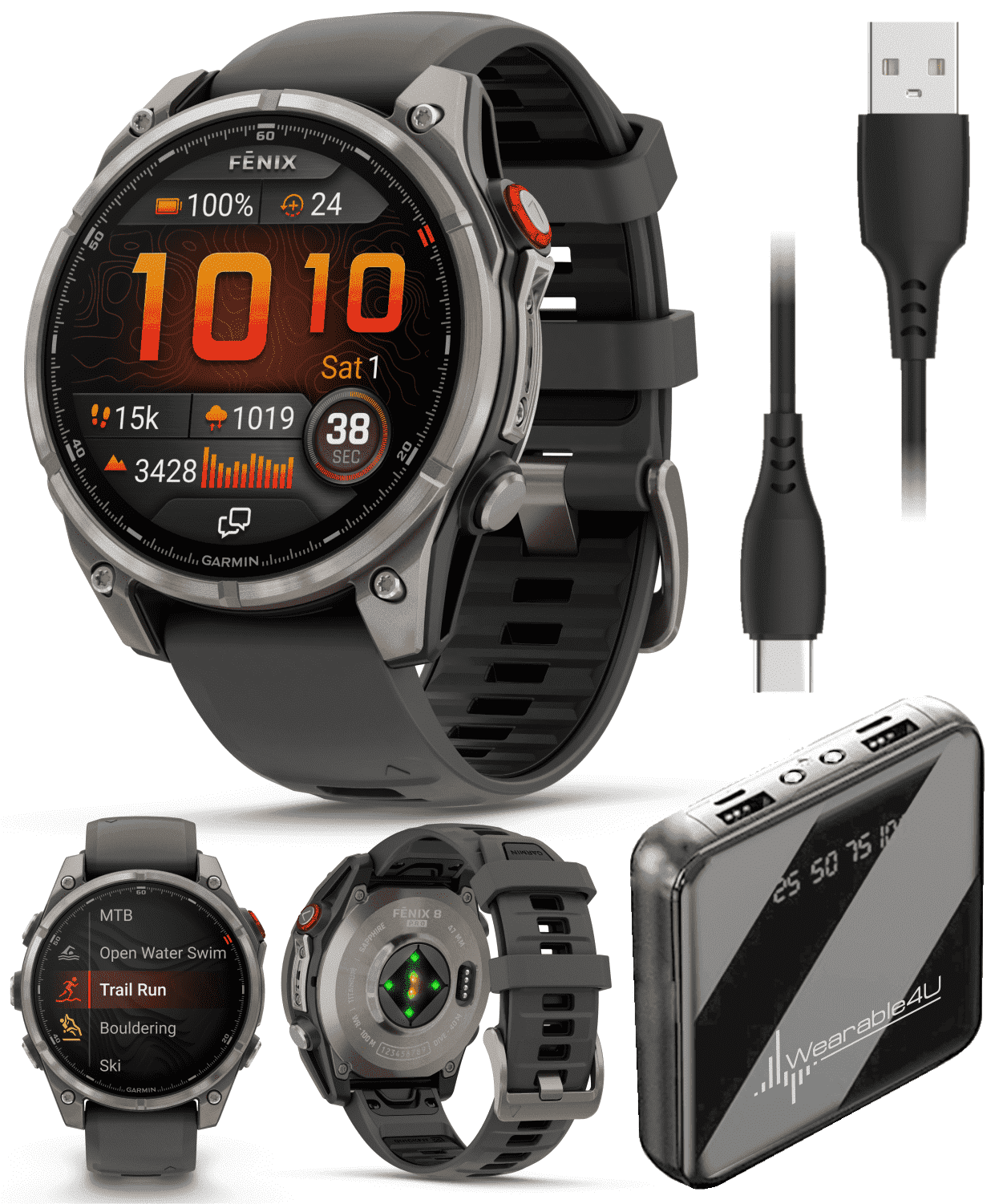 Garmin Fenix 8 Pro - 47mm AMOLED Sapphire Premium Connected Multisport GPS Smartwatch, inReach, Titanium & Graphite/Black Silicone Band w/ Wearable4U PowerBank Bundle