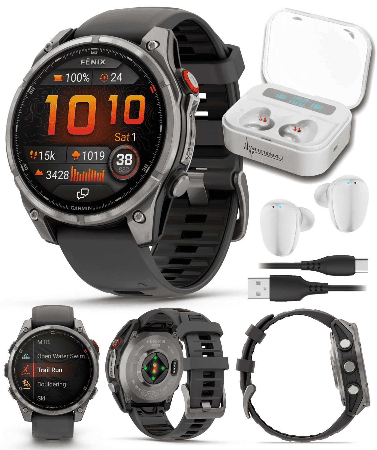 Garmin Fenix 8 Pro - 47mm AMOLED Sapphire Premium Connected Multisport GPS Smartwatch, inReach, Titanium & Graphite/Black Silicone Band w/ Wearable4U White Earbuds Bundle