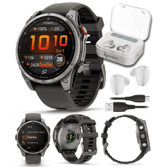 Garmin Fenix 8 Pro - 47mm AMOLED Sapphire Premium Connected Multisport GPS Smartwatch, inReach, Titanium & Graphite/Black Silicone Band w/ Wearable4U White Earbuds Bundle