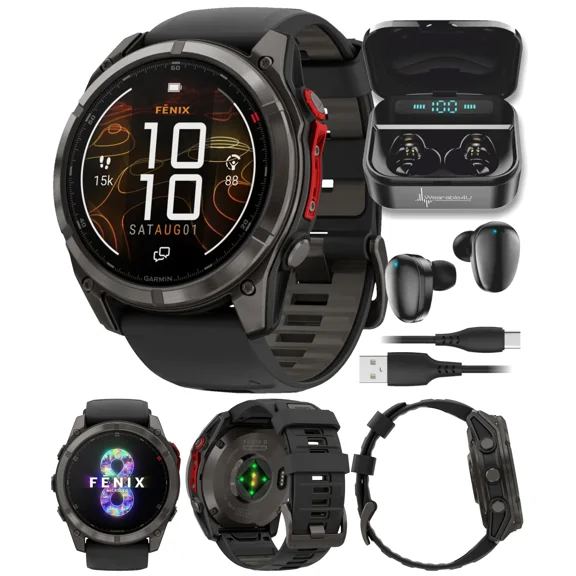 Garmin Fenix 8 Pro – 51 mm MicroLED Premium Multisport GPS Smartwatch, Sapphire, inReach Technology, Carbon Gray DLC Titanium & Black/Pebble Gray w/ Wearable4U Black EarBuds Bundle
