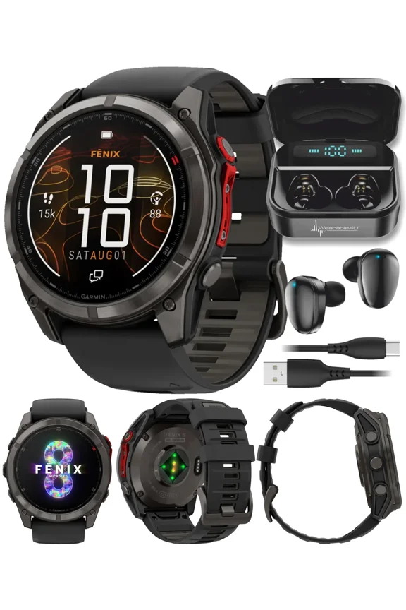 Garmin Fenix 8 Pro – 51 mm MicroLED Premium Multisport GPS Smartwatch, Sapphire, inReach Technology, Carbon Gray DLC Titanium & Black/Pebble Gray w/ Wearable4U Black EarBuds Bundle
