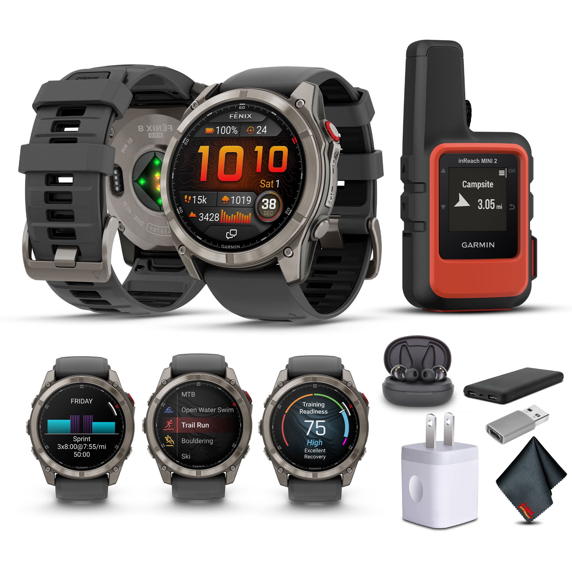 Garmin Fenix 8 Pro, 51mm, AMOLED Display, Multisport Fitness GPS Smartwatch, Sapphire Titanium with Graphite/Black Silicone Band, Wilderness Bundle with inReach Mini 2 Satellite Communicator and More