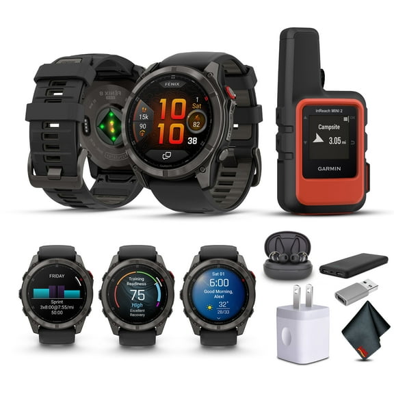 Garmin Fenix 8 Pro 51mm, AMOLED Display, Multisport GPS Smartwatch, Sapphire Carbon Gray DLC Titanium Pebble Gray Silicone Band, Wilderness Bundle with inReach Mini 2 Satellite Communicator and More