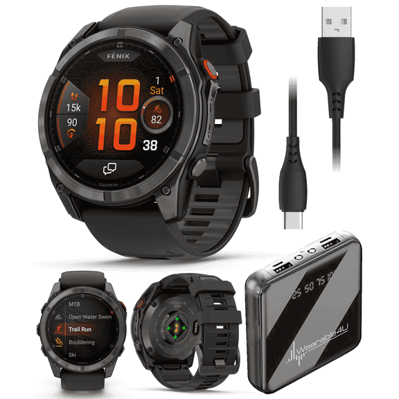 Garmin Fenix 8 Pro 51mm AMOLED Sapphire Premium Connected Multisport GPS Smartwatch, inReach, Carbon Gray DLC Titanium & Black/Pebble Gray Silicone Band w/ Wearable4U PowerBank Bundle