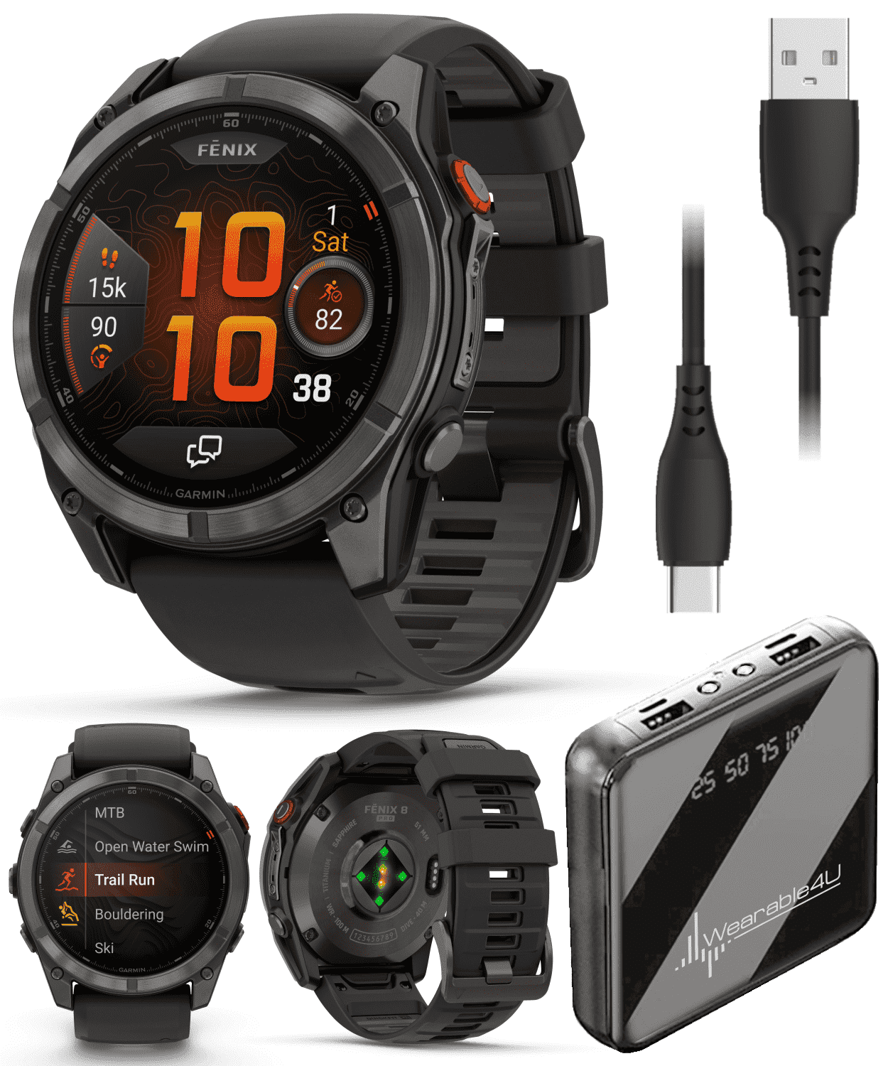 Garmin Fenix 8 Pro 51mm AMOLED Sapphire Premium Connected Multisport GPS Smartwatch, inReach, Carbon Gray DLC Titanium & Black/Pebble Gray Silicone Band w/ Wearable4U PowerBank Bundle