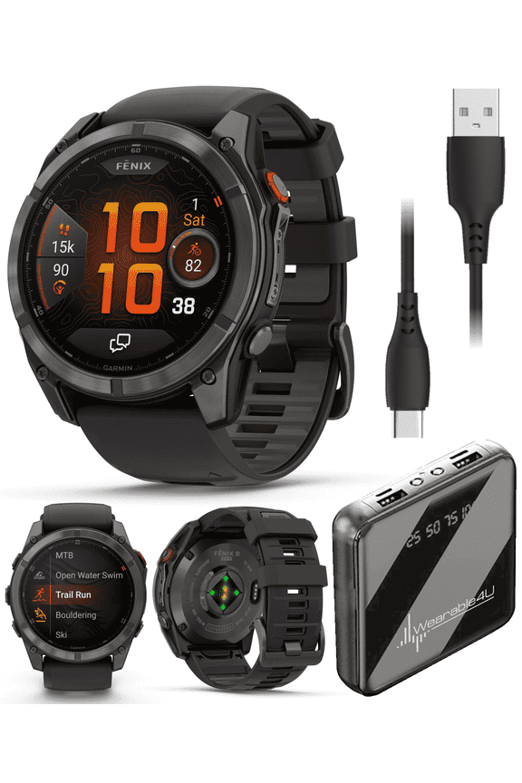 Garmin Fenix 8 Pro 51mm AMOLED Sapphire Premium Connected Multisport GPS Smartwatch, inReach, Carbon Gray DLC Titanium & Black/Pebble Gray Silicone Band w/ Wearable4U PowerBank Bundle