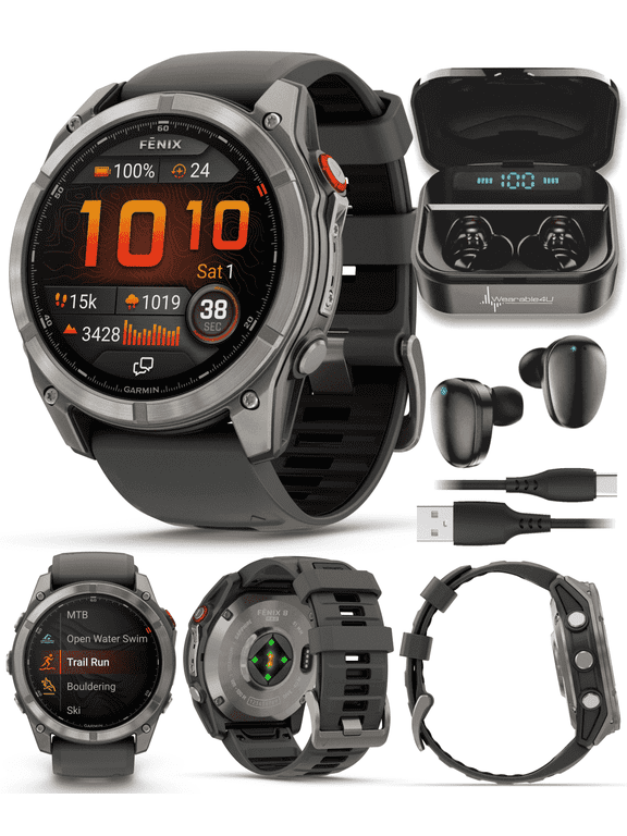 Garmin Fenix 8 Pro - 51mm AMOLED Sapphire Premium Connected Multisport GPS Smartwatch, inReach, Titanium & Graphite/Black Silicone Band w/ Wearable4U Black Earbuds Bundle
