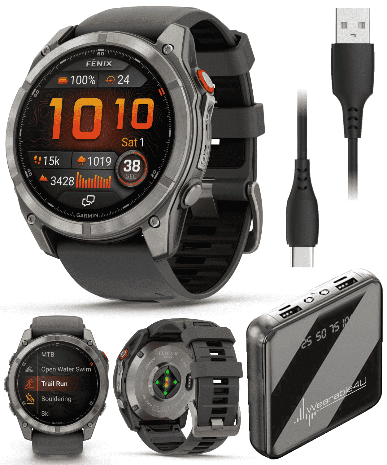 Garmin Fenix 8 Pro - 51mm AMOLED Sapphire Premium Connected Multisport GPS Smartwatch, inReach, Titanium & Graphite/Black Silicone Band w/ Wearable4U PowerBank Bundle