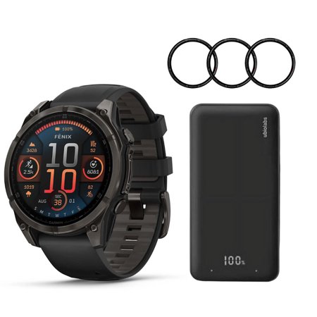 Garmin Fenix 8 Sapphire 47mm GPS Smartwatch (Black and Pebble Gray) Bundle with 6000mAh Portable Accessory (Black), and Focus 9H Tempered Glass Screen Protector Film (47mm, 3-Pack) (3 Items)