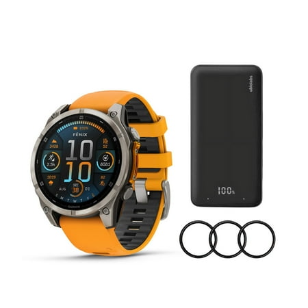 Garmin Fenix 8 Sapphire 47mm GPS Smartwatch (Spark Orange and Graphite) Bundle with 6000mAh Portable Power Bank and Screen Protector Film (3 Items)