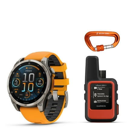 Garmin Fenix 8 Sapphire 51mm GPS Smartwatch with 1.4-Inch AMOLED Display (Spark Orange and Graphite) Bundle with Garmin Mini 2 Satellite Communicator (Red), and Heavy Duty Carabiner (Orange) (3 Items)