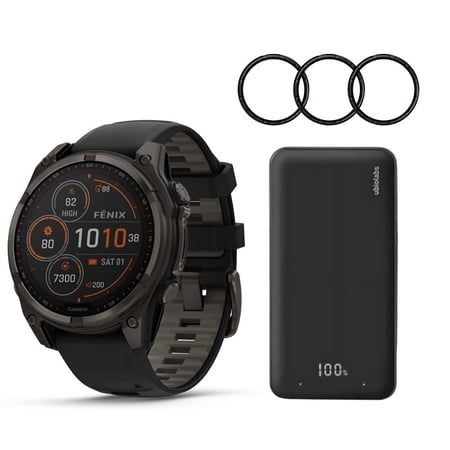 Garmin Fenix 8 Sapphire Solar 47mm Smartwatch with Built-in LED Flashlight (Black and Pebble Gray) Bundle with 6000mAh Portable Accessory and Tempered Glass Screen Protector (3 Items)