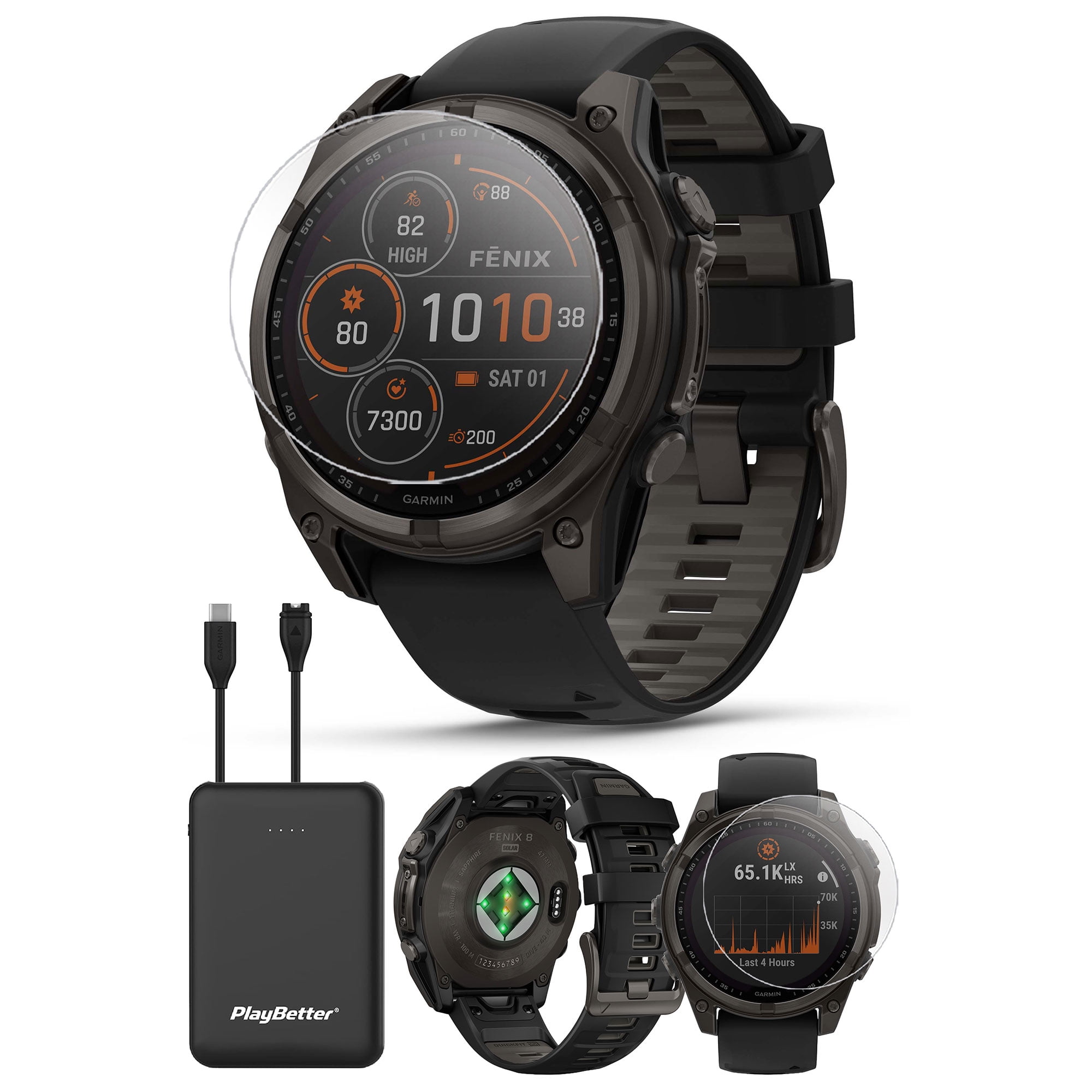 Garmin Fenix 8 Solar Sapphire 47mm Carbon Gray DLC Titanium Multisport GPS Smartwatch Bundle 1.4 Touchscreen Built in LED Flashlight with