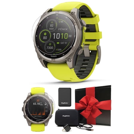 Garmin Fenix 8 Solar Sapphire (47mm, Titanium/Amp Yellow) Multisport GPS Smartwatch Gift Box Bundle - 1.4" Touchscreen, Built-in LED Flashlight with PlayBetter Charger, Screens, Adapter, Case