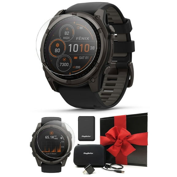 Garmin Fenix 8 Solar Sapphire (51mm, Carbon Gray DLC Titanium) Multisport GPS Smartwatch Gift Box Bundle - 1.4" Touchscreen, LED Flashlight with PlayBetter Charger, Screens, Adapter, Case