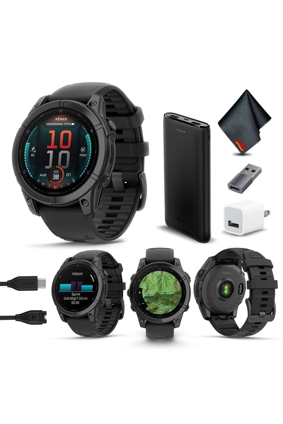 Fenix E 47MM AMOLED Premium Multisport GPS Smartwatch, 16 Days Long-Lasting Battery Life, Slate Gray Steel with Black Silicone Band, Health & Fitness Smart Watch Bundle for Men and Women
