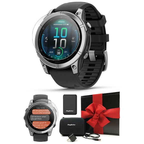 Garmin Fenix E (Stainless Steel/Black) Premium Multisport GPS Smartwatch Gift Box Bundle - AMOLED Display, Long Battery Life with PlayBetter Portable Charger, HD Screen Protectors, Adapter, Case