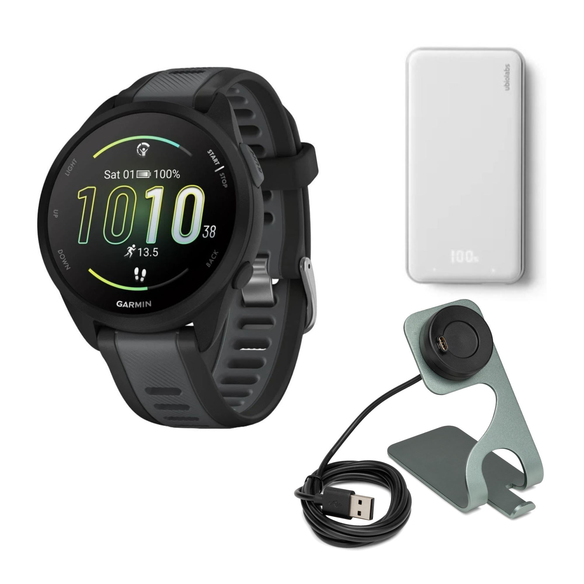 Garmin Forerunner 165 GPS Running Smartwatch (Black and Slate Gray) Bundle with Silhouette 6,000mAh Portable Accessory (White) and Focus Camera Portable Charger Stand and USB Charging Cable (3 Items)