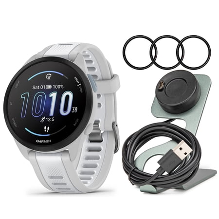 Garmin Forerunner 165 GPS Running Smartwatch (Mist Gray and Whitestone) Bundle with Charger Stand, Charging Cable and 9H Tempered Glass Screen Protector Film for Garmin Fenix 7S (3-Pack) (3 Items)