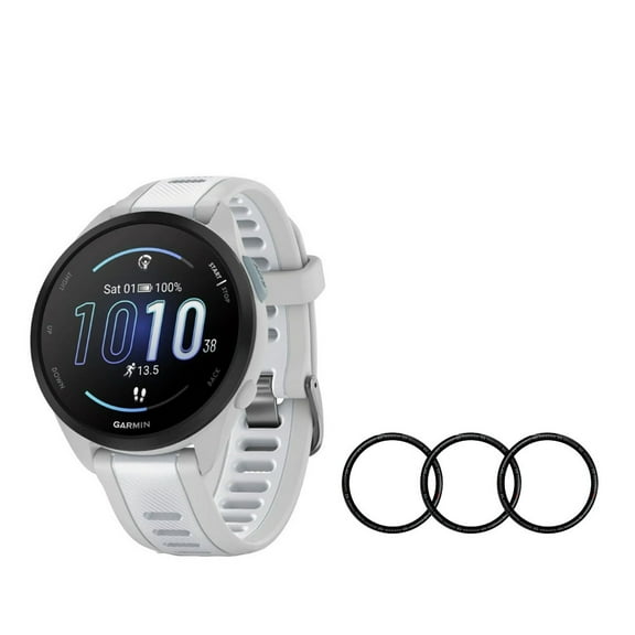 Garmin Forerunner 165 GPS Running Smartwatch (Mist Gray and Whitestone) Bundle with Focus 9H Tempered Glass Screen Protector Film (42mm, 3-Pack) (2 Items)