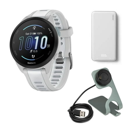 Garmin Forerunner 165 GPS Running Smartwatch (Mist Gray and Whitestone) Bundle with Silhouette Portable Accessory (White) and Focus Camera Portable Charger Stand and USB Charging Cable (3 Items)