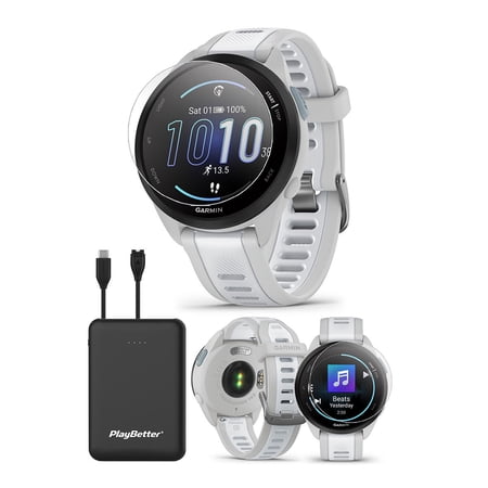 Garmin Forerunner 165 Music (Mist Grey/Whitestone) GPS Running Watch Bundle, Includes PlayBetter HD Screen Protectors & Portable Charger