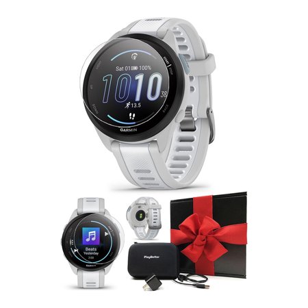 Garmin Forerunner 165 Music GPS Running Watch Bundle - Mist Grey/Whitestone with Accessories