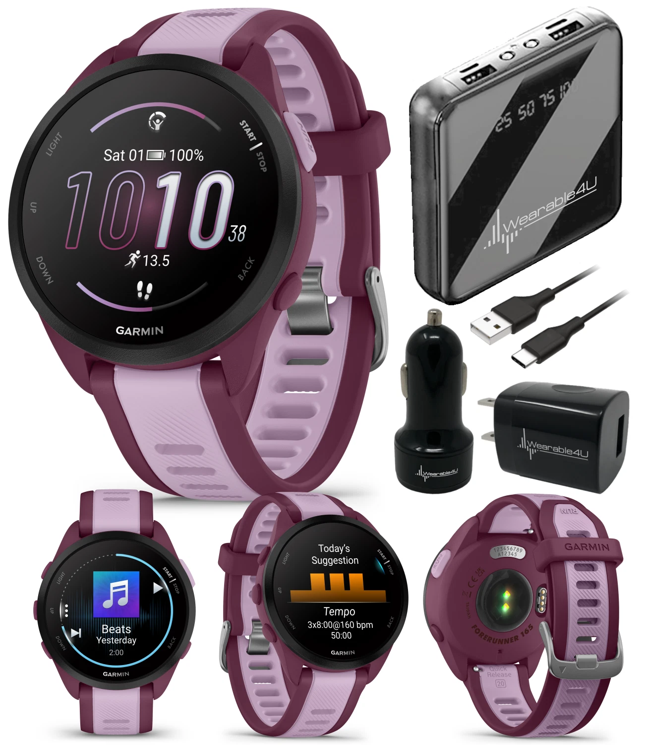Garmin Forerunner 165 Music Running Smartwatch, Colorful AMOLED Touchscreen, Berry/Lilac w/ Wearable4U PowerPack & Adapters Bundle