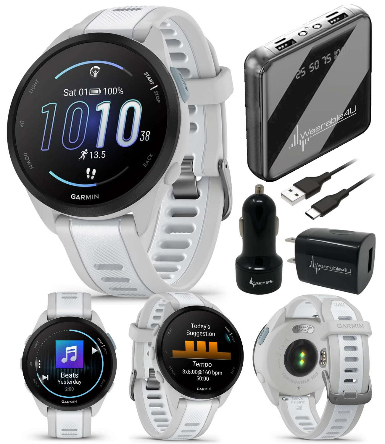 Garmin Forerunner 165 Music Running Smartwatch, Colorful AMOLED Touchscreen, Mist Gray/Whitestone w/ Wearable4U PowerPack & Adapters Bundle